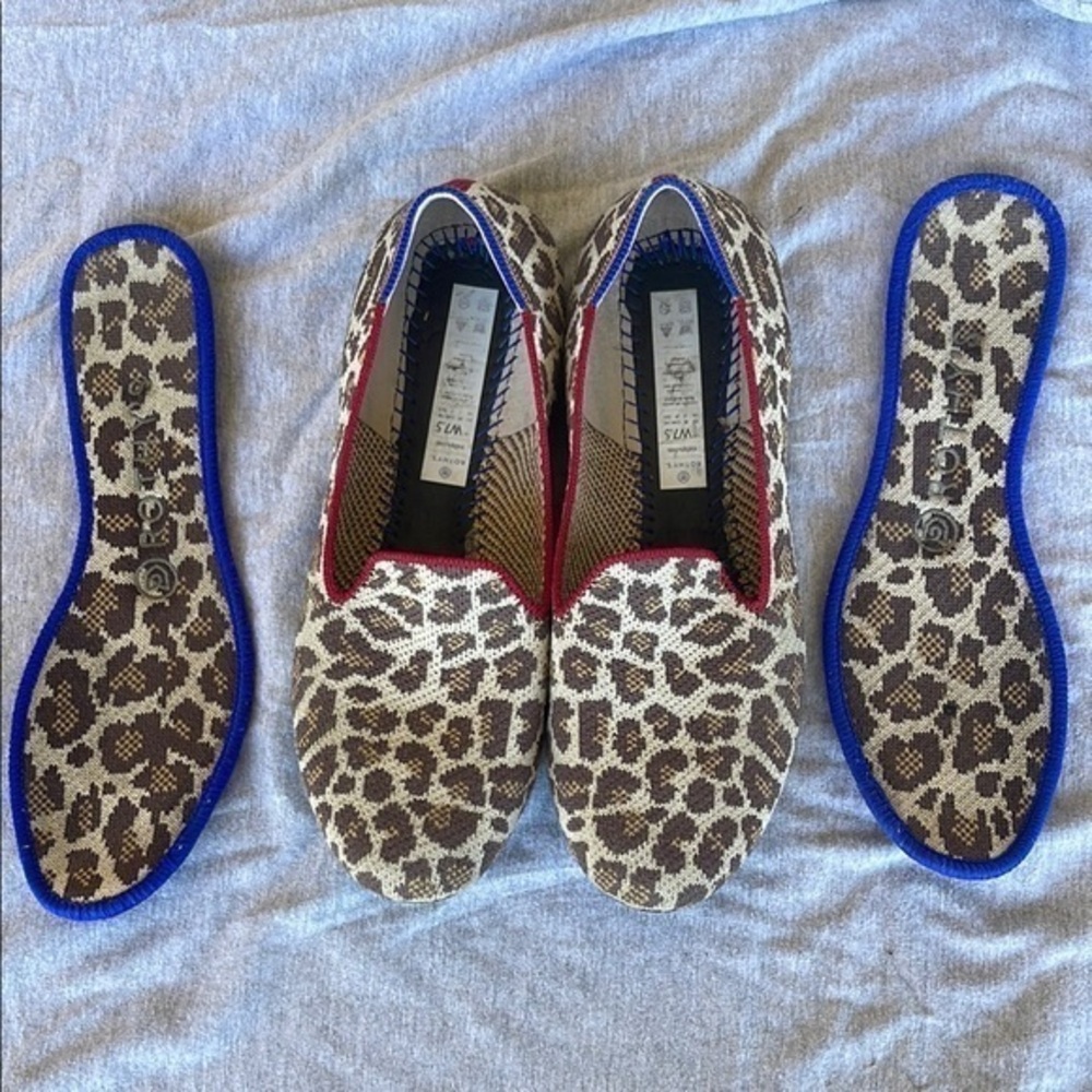 Rothy's Brown and Blue Flats with Animal Print